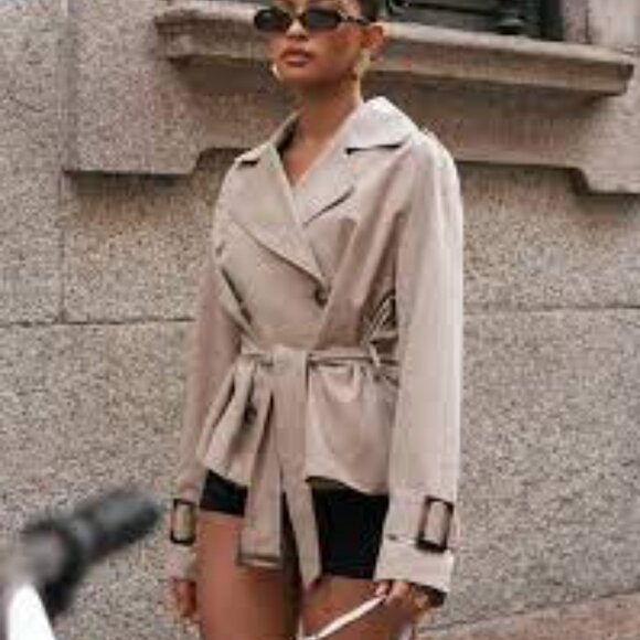 FRAME CROPPED SWING BELTED TRENCH COAT JACKET SAND S - Picture 10 of 11
